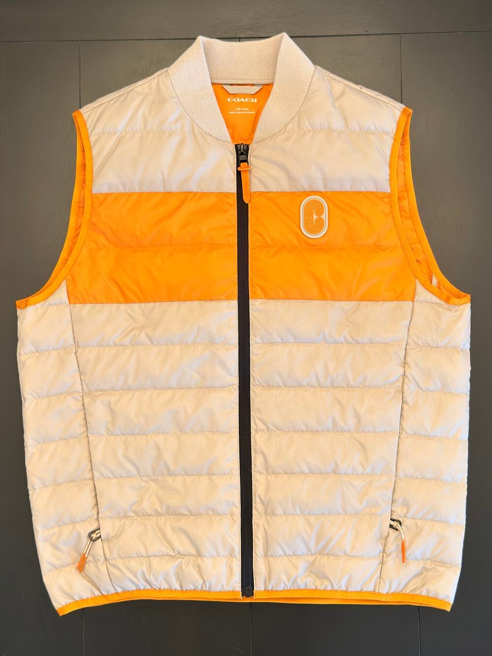 Coach Mens Large Down Puffer Vest Beige Orange Colorblock